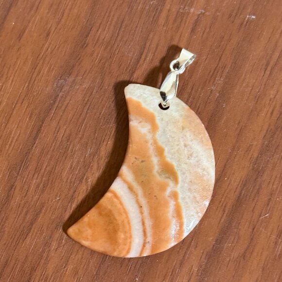 Genuine Orange Banded Agate Pendant,Large Natural Gemstone Crescent Moon Pendant - Picture 6 of 12